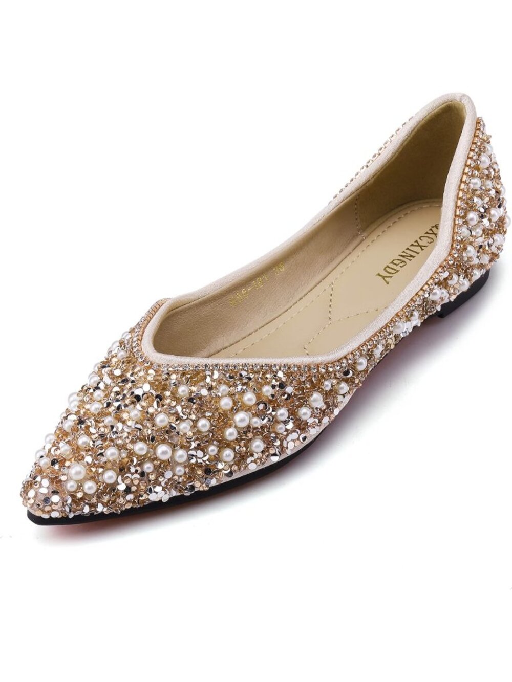 Women's Gold Rhinestone Flats Pointed Toe Pearl Diamond Low Heel Ballet Shoes
